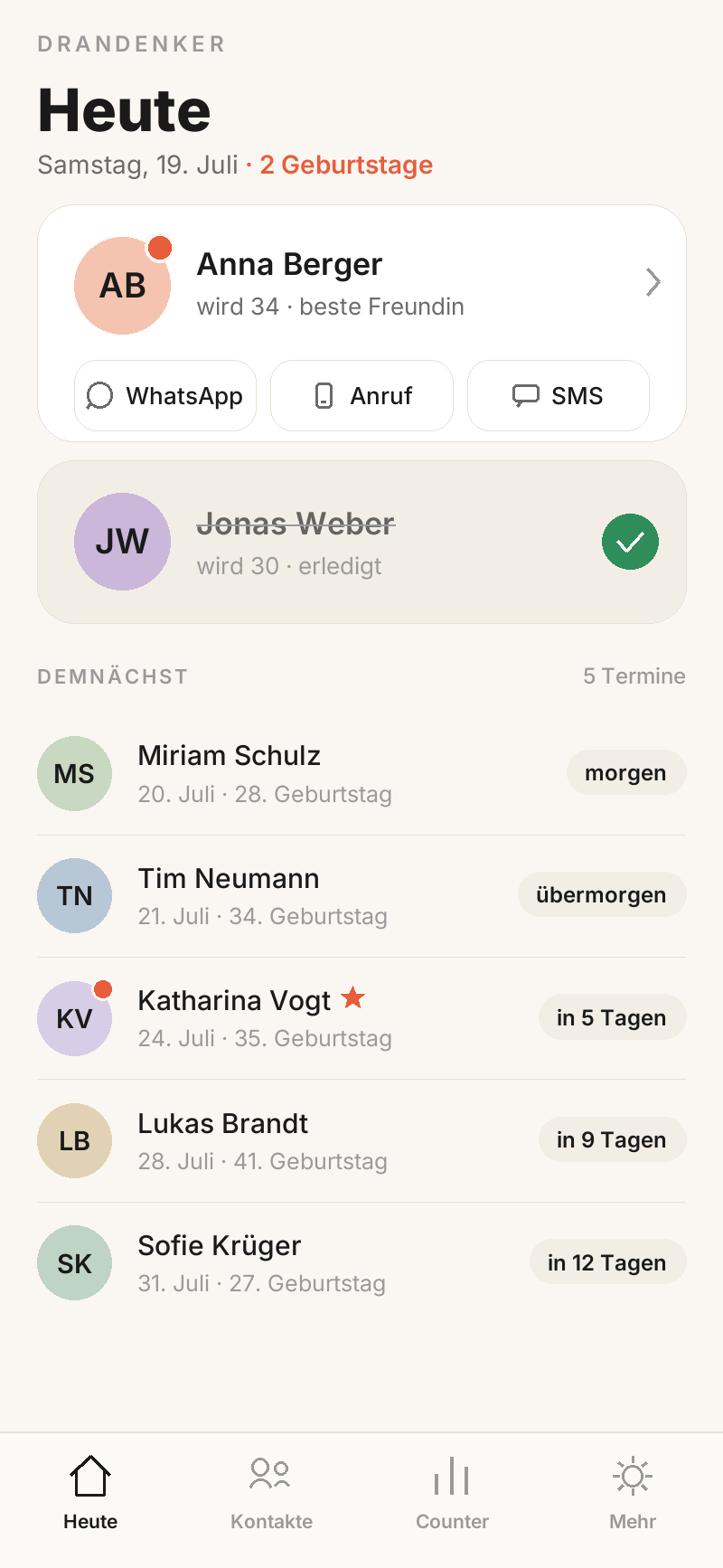 Die Heute-Ansicht von Drandenker: zwei Geburtstage mit WhatsApp-, Anruf- und SMS-Buttons sowie die nächsten Termine